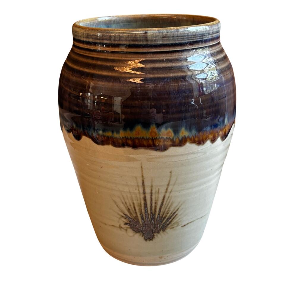 Vintage signed studio pottery vase stoneware blue drip glaze country farmhouse